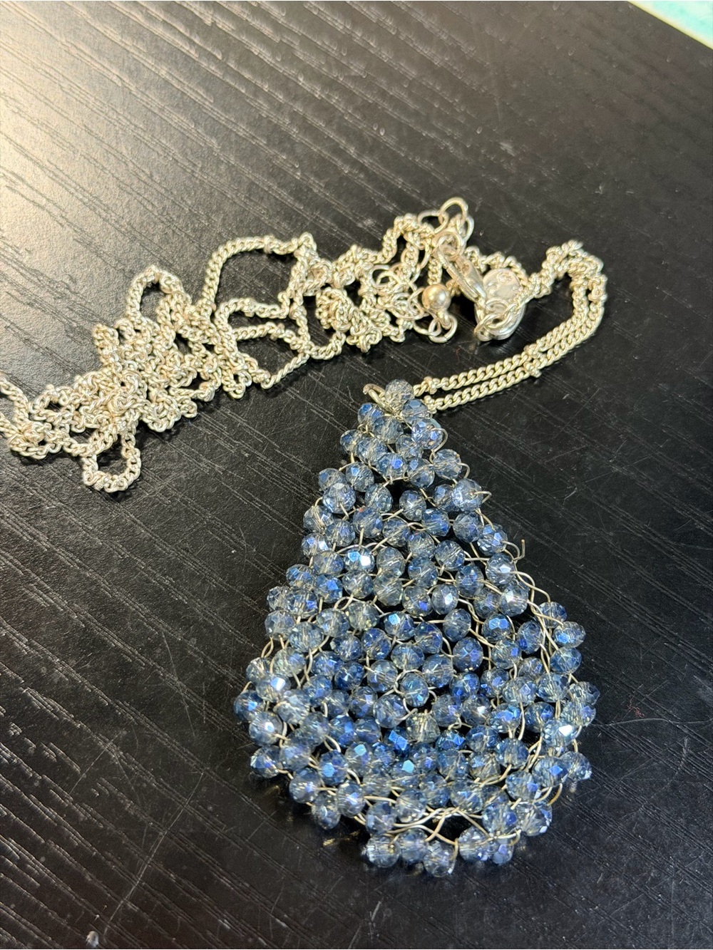 vintage blue crystal necklace, hand wired Silvertone chain